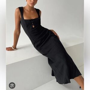 Princess Polly CHOSEN GIRL LINEN BLEND MIDI DRESS BLACK